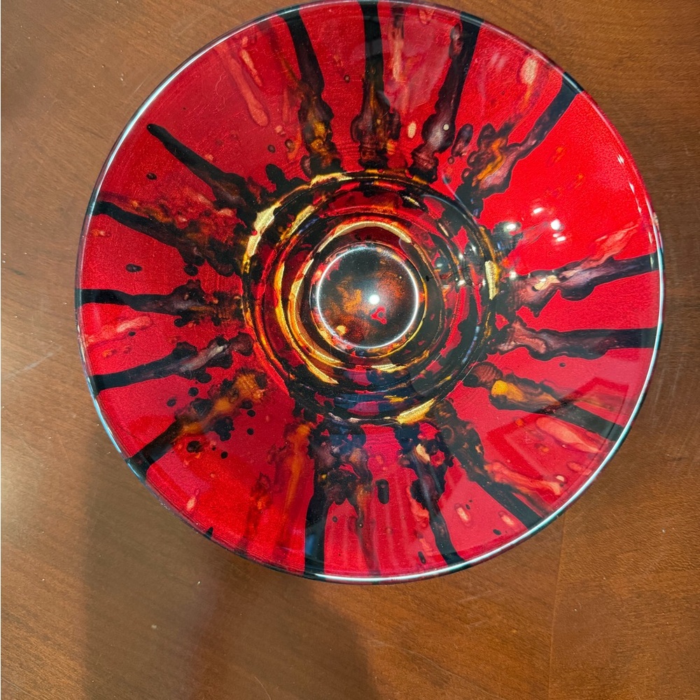 Pier 1 Red Glass Decorative Bowl with Black and Gold Radiant Accents